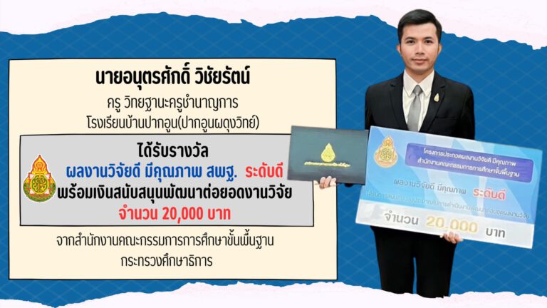 คุณครูอนุตรศักดิ์ วิชัยรัตน์ ได้รับรางวัล “งานวิจัยดี มีคุณภาพ สพฐ.” ระดับดี